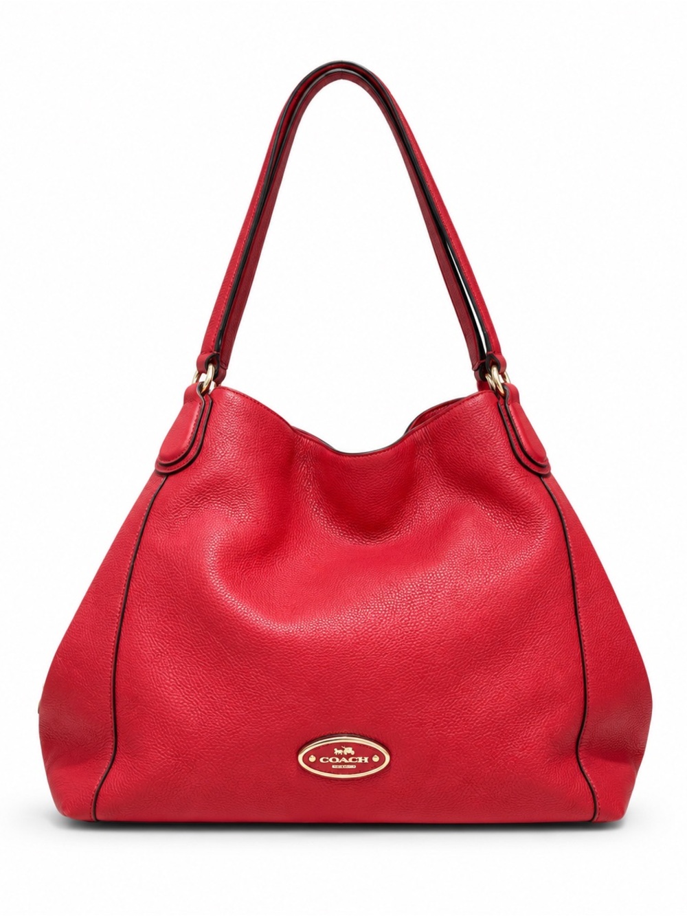 Coach Edie Pebbled Leather Shoulder Bag Red Hobo Gold Hardware Large Tote Zip